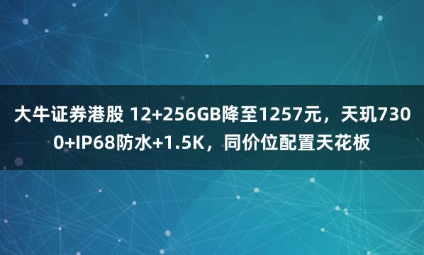 大牛证券港股 12+256GB降至1257元，天玑7300+IP68防水+1.5K，同价位配置天花板